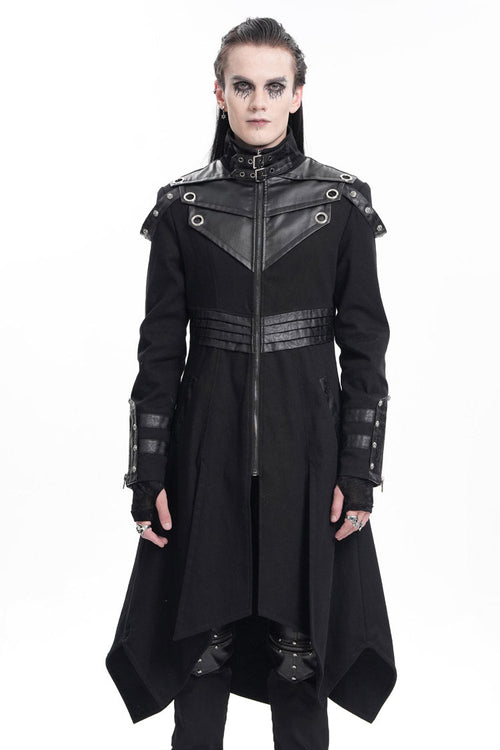 Black Stand Collar Eyelets Buckle-up Ring Long Sleeves Stitching Men's Gothic Coat