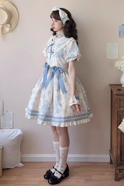 Blue [Grape Moon Almanac] Short Sleeves Multi-Layered Printed Ruffled Bow Sweet Lolita Dress