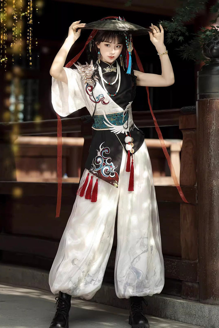 Black/White Stand Collar Single Long Sleeve Printed Embroidered Asymmetric Chinese Style Ouji Set