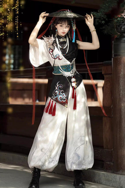 Black/White Stand Collar Single Long Sleeve Printed Embroidered Asymmetric Chinese Style Ouji Set