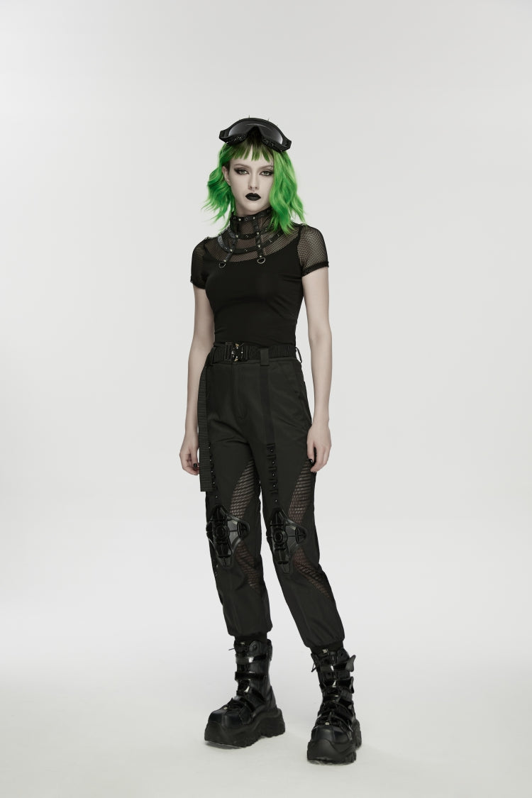 Black Stand Collar Short Sleeves Zippered Women's Punk Rivets&Eyelets T-Shirt