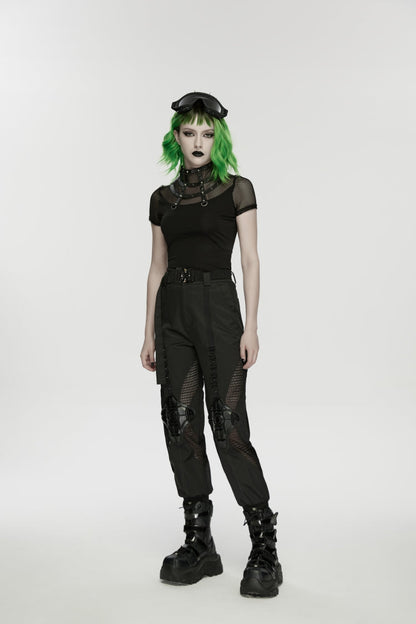 Black Stand Collar Short Sleeves Zippered Women's Punk Rivets&Eyelets T-Shirt