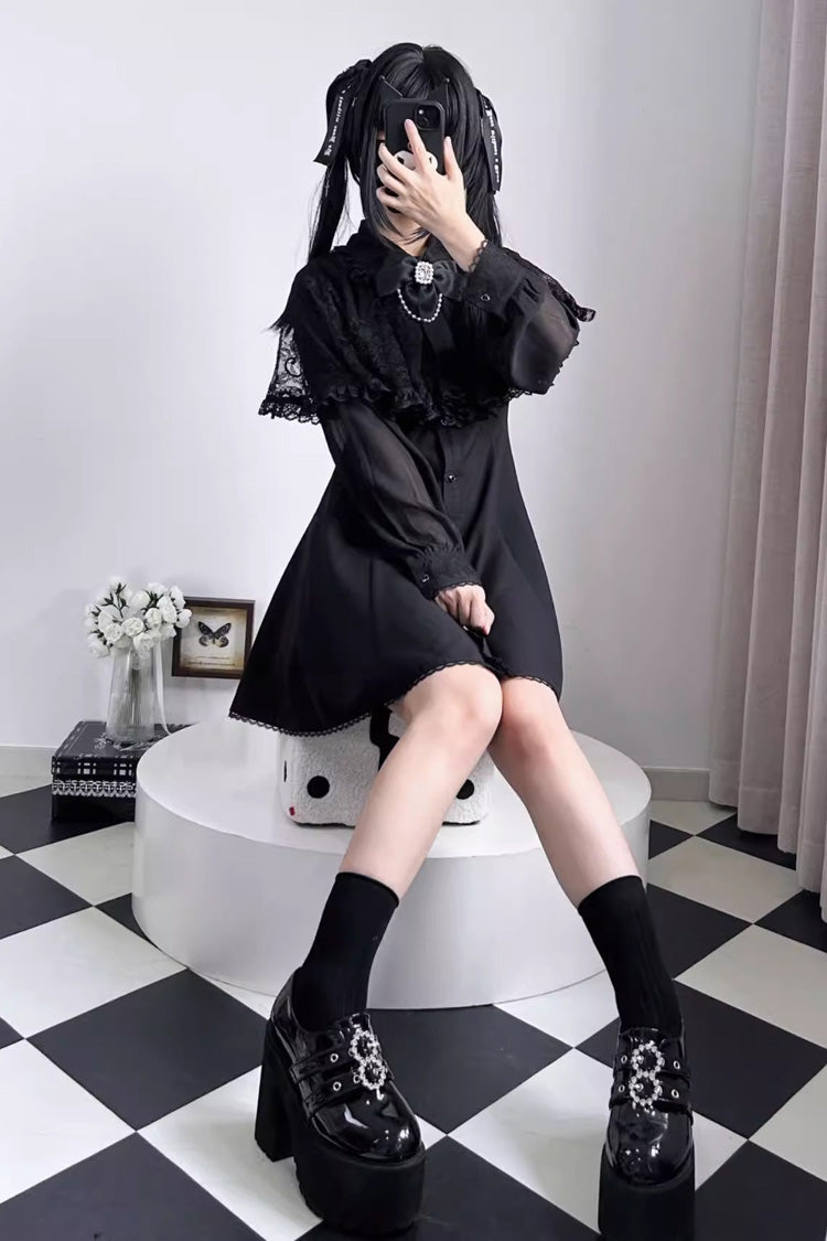 Black Shawl Lace Chiffon Long Sleeves Lace Slim Jirai Kei Dress