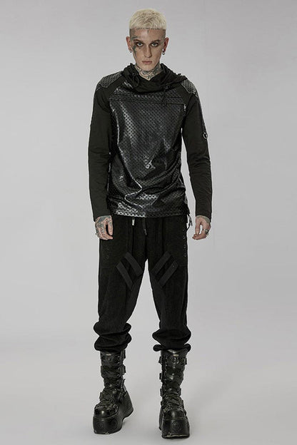 Black Punk Turtleneck Stretch Knit Panel Cutout Drawstring Hooded Men's T-Shirt