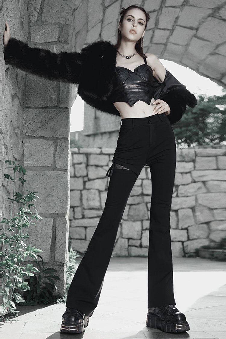 Black Side Open Drawstring Design Sexy Elastic Women's Punk Flared Pants