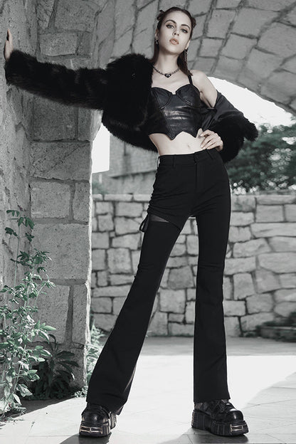 Black Side Open Drawstring Design Sexy Elastic Women's Punk Flared Pants