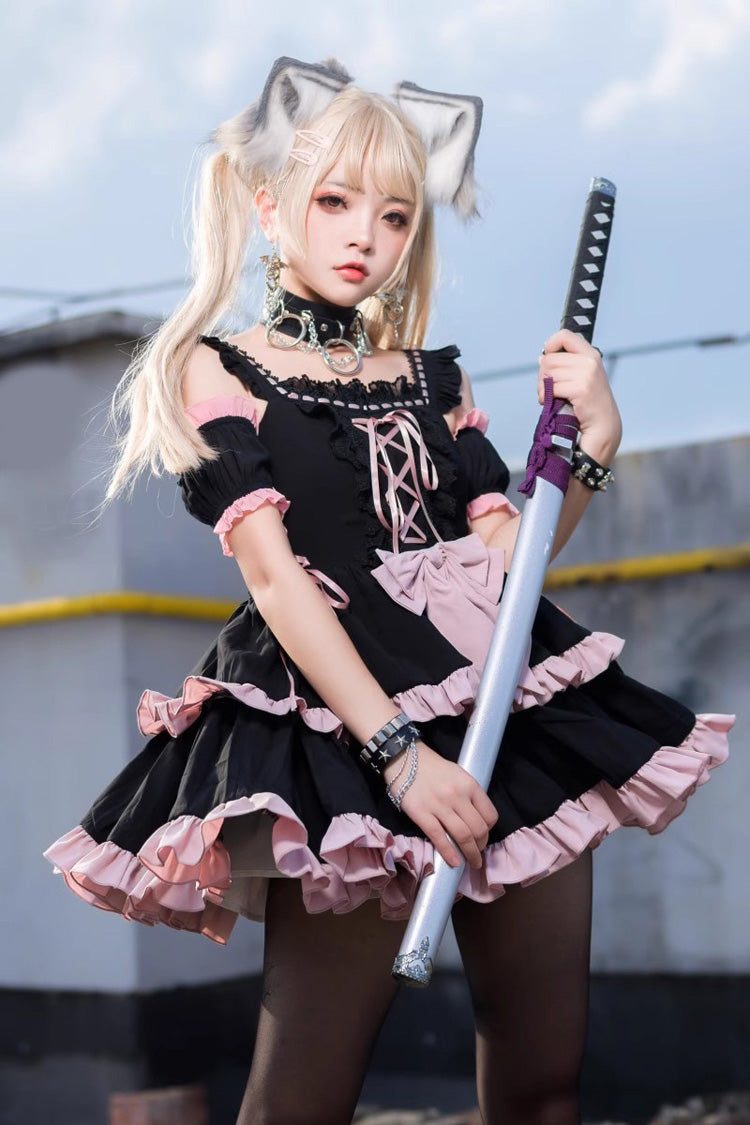 Black/Pink Sleeveless Multi-layer Ruffle Bowknot Sweet Hunt Lolita Jsk Dress