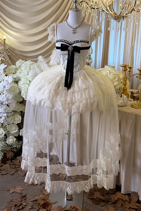 Ivory [Hepburn Heart] Square Collar Sleeveless Multi-Layered Cut-Out Bow Lace Sweet Lolita Jsk Dress
