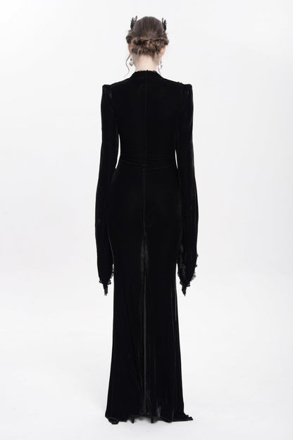 Black V Collar Long Trumpet Sleeves Floral Embroidered Velvet Women's Gothic Dress