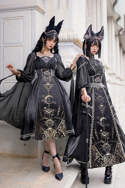 Black [Nightmare of Horus] Print Ruffle Hot Stamping Gothic Gorgeous Lolita Jsk Short Dress