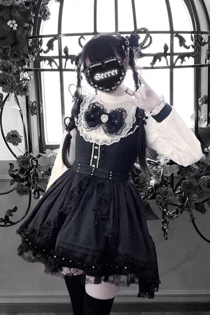 Black/White [Thorn Doll] Long Sleeves Ruffled Bow Pearl-Decorated Gothic Jirai Kei Dress