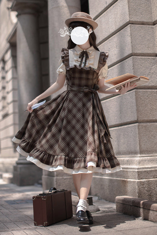 Brown [The Thames at Dusk] Print Short Sleeves Ruffle Bowknot Fake Two Pieces Vintage Lolita Dress