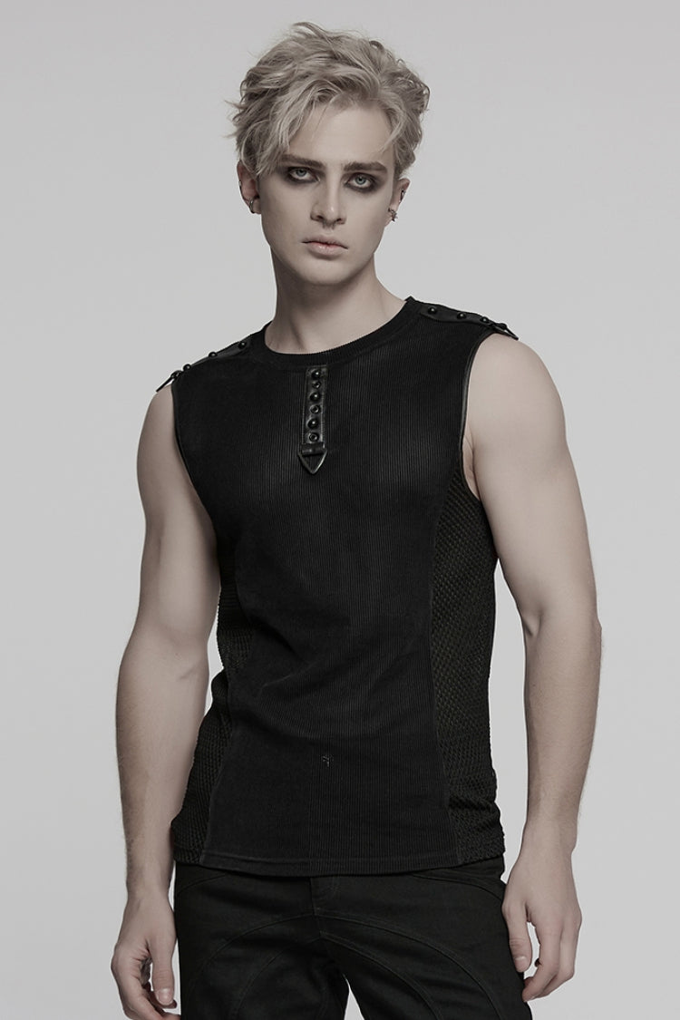 Black Round Collar Sheer Mesh Color Matching Rivet Men's Punk Vest