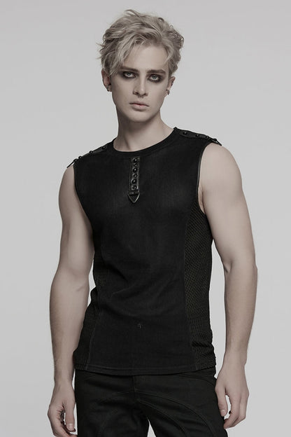 Black Round Collar Sheer Mesh Color Matching Rivet Men's Punk Vest