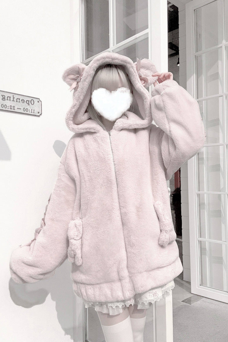 [Sleepy Bear Fluffy] Bear Ears Long Sleeves Bow Lace-Up Hooded Zippered Sweet Jirai Kei Japanese Coat