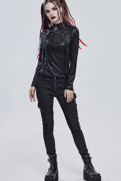 Black Punk Shimmery Stretch Fabric With Zipper Metal Pentagram Pendant Women's Shirt