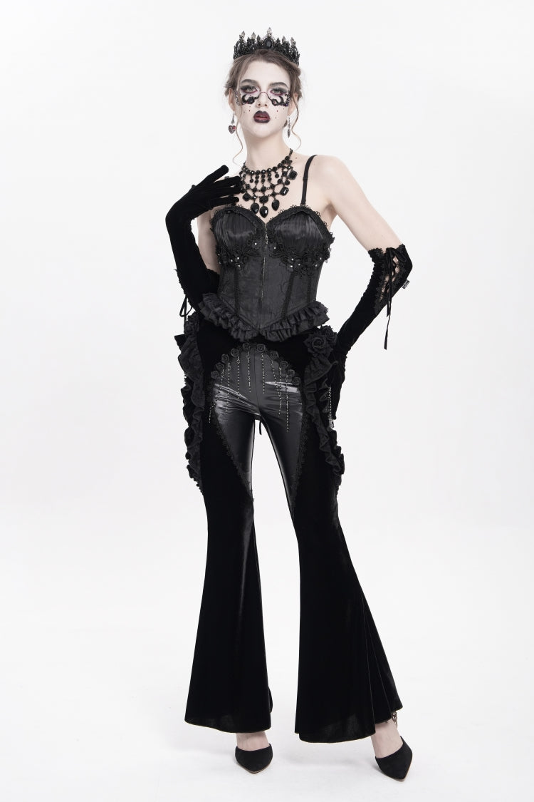 Black Ruffled Spliced Women's Gothic Floral Faux Leather&Velvet Ruffle Pants