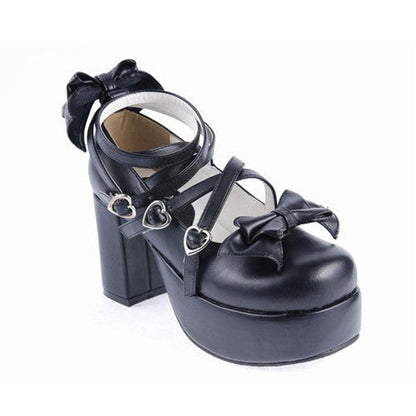 Black Synthetic Leather Cross Straps Bow Lolita Shoes
