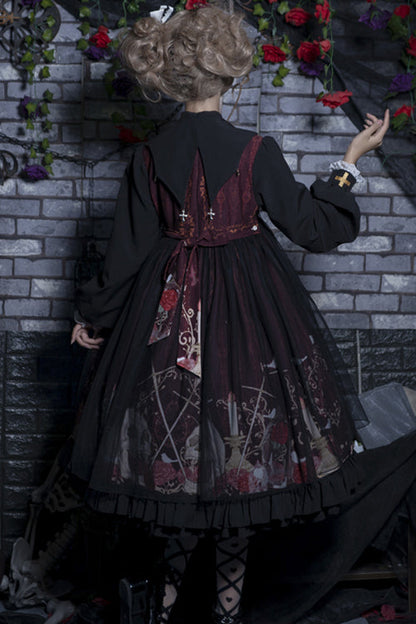Black/Red Lapel Collar Long Sleeves High Waisted Printed Gothic Lolita OP Dress
