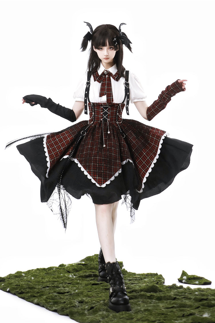 Black/Red [Soul Mantra] Plaid Print Irregular Sweet Lolita Strap Dress