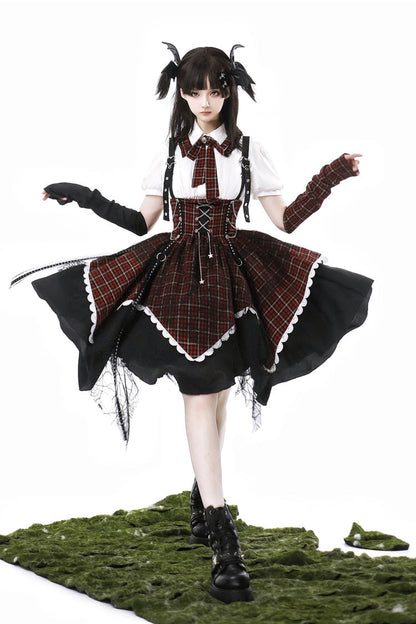 Black/Red [Soul Mantra] Plaid Print Irregular Sweet Lolita Strap Dress