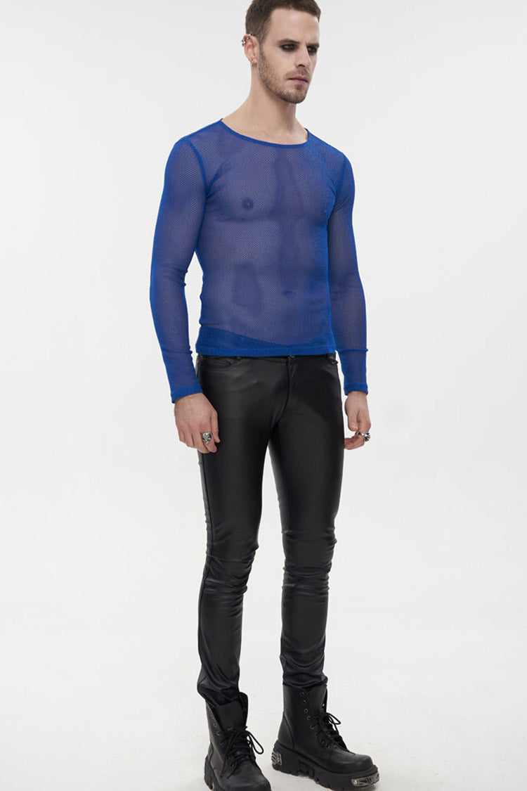 Blue Gothic Elasticity High Neck Long Sleeve Mesh Men's Shirt