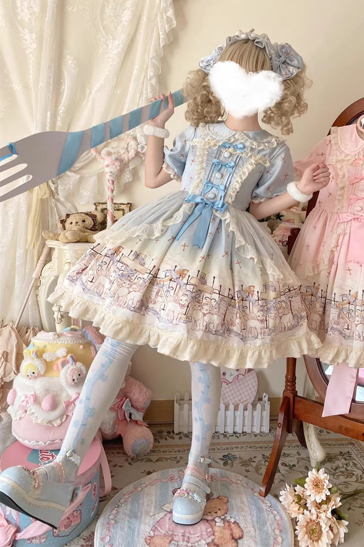 Blue [Angel Lamb] Lapel Collar Short Sleeves Printed Ruffled Bow Sweet Lolita Dress