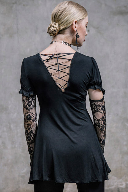 Black Sexy Mid-Length Patterned Lace Modal Women Gothic T-Shirt With Necklace