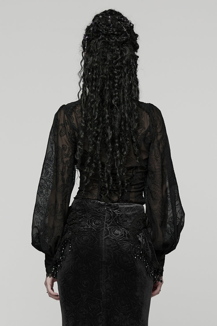 Black Stand Collar Long Puff Sleeves Floral Embroidered Women's Gothic Blouse