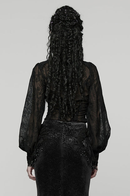 Black Stand Collar Long Puff Sleeves Floral Embroidered Women's Gothic Blouse