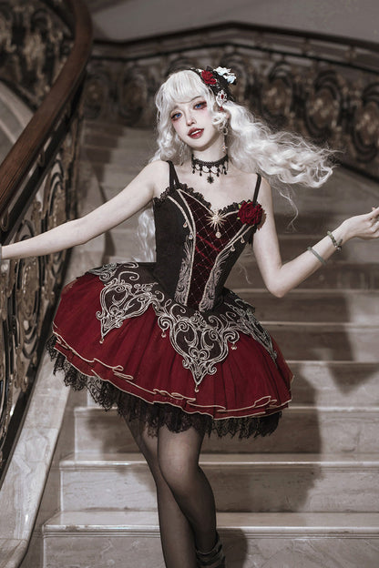 Black/Red [Blood Clan Feast] Ruffle Embroidery Lace Gothic Lolita Jsk Dress Set