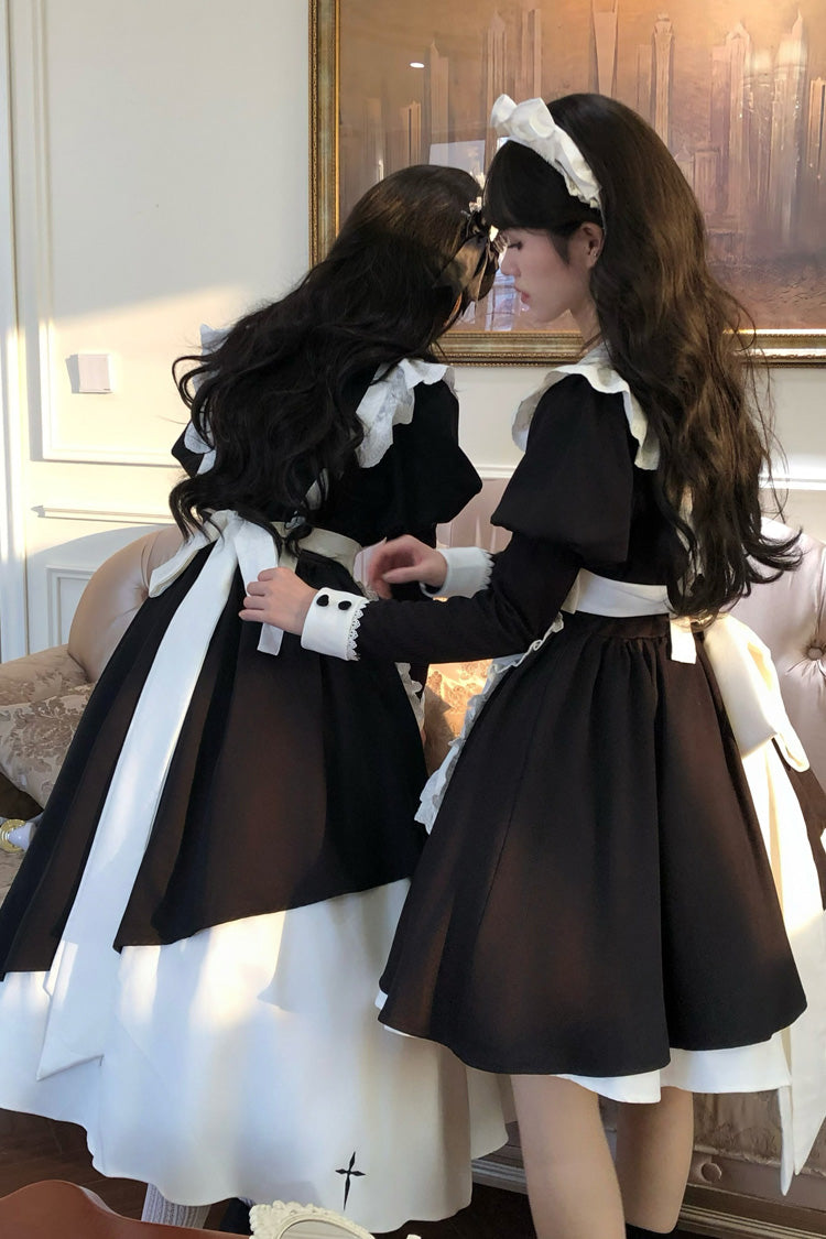 Black/White [Halloween Little Maid] Lapel Collar Long Sleeves Printed Ruffled Asymmetric Nun Gothic Lolita Dress