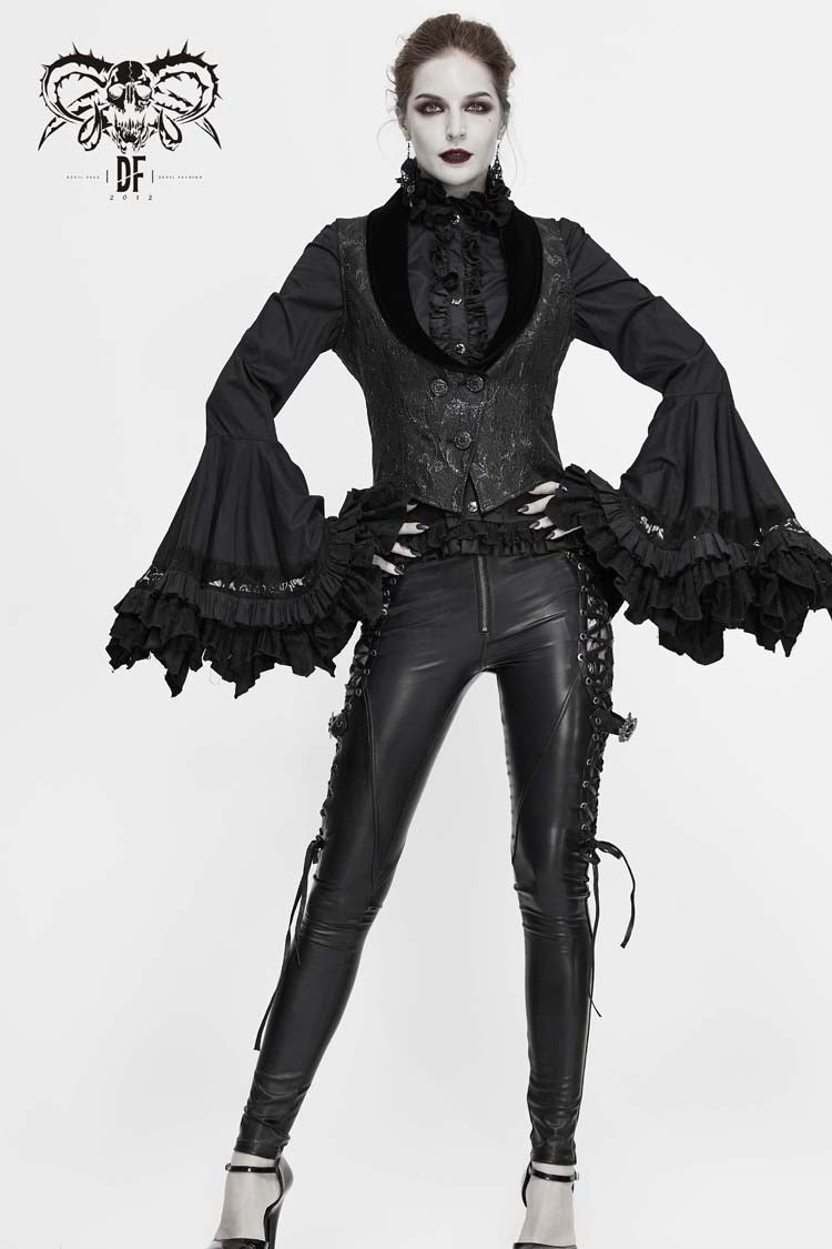 Black Velvet 3D Jacquard Low Collar Women's Gothic Waistcoat
