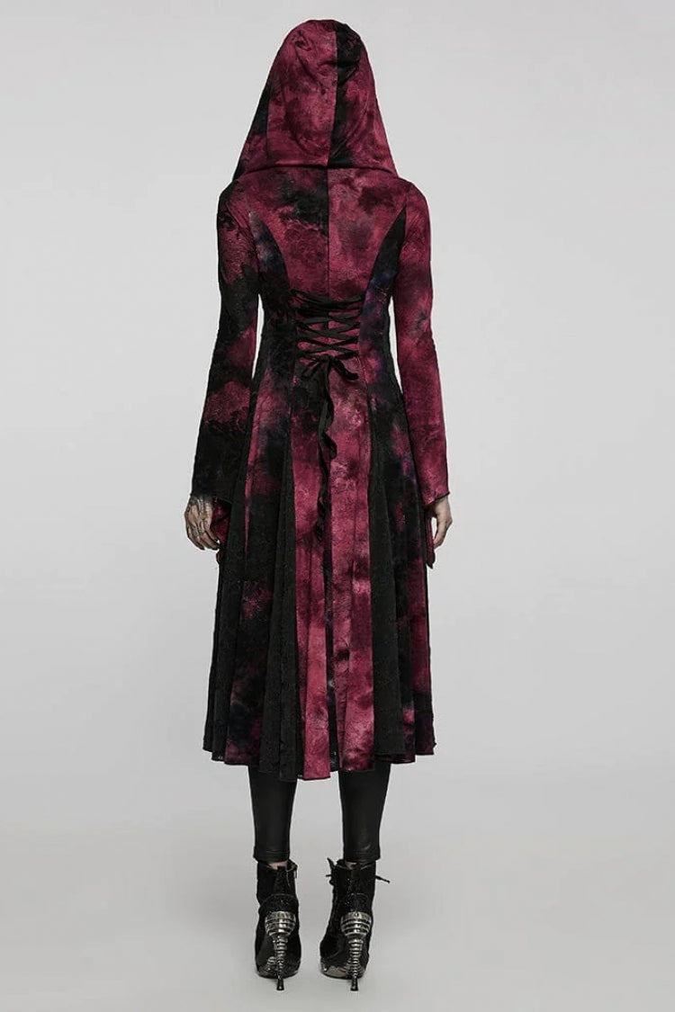 Red/Black Long Trumpet Sleeves Stitching Hooded Womens Gothic Vintage Coat