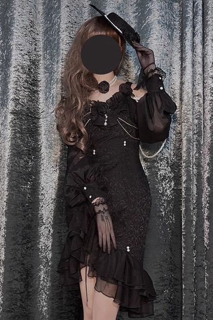 Black [Camellia 2.0] Sleeveless Jacquard Ruffle Lace Asymmetric Gothic Chinese Style Fishtail Lolita Jsk Dress