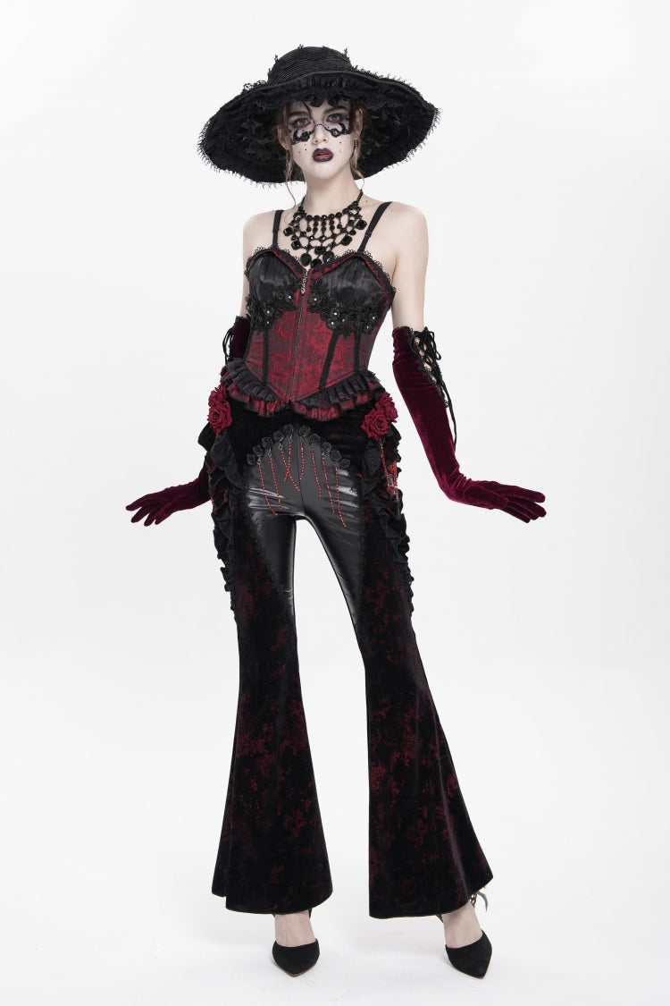 Black/Red  Ruffled Spliced Women's Gothic Floral Faux Leather&Velvet Ruffle Pants