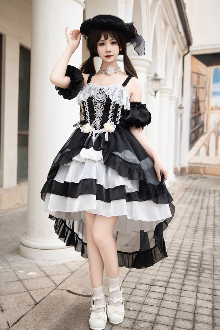 Black/White [Rose Of The Night Sea And Starry Sky] Off Shoulder Multi-Layered Ruffle Embroidery Sweet Lolita Dress