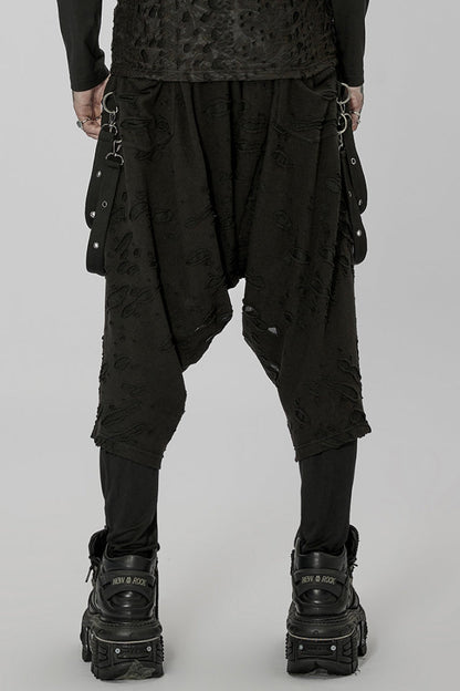 Black Ripped Men's Punk Sagging Pants with Straps