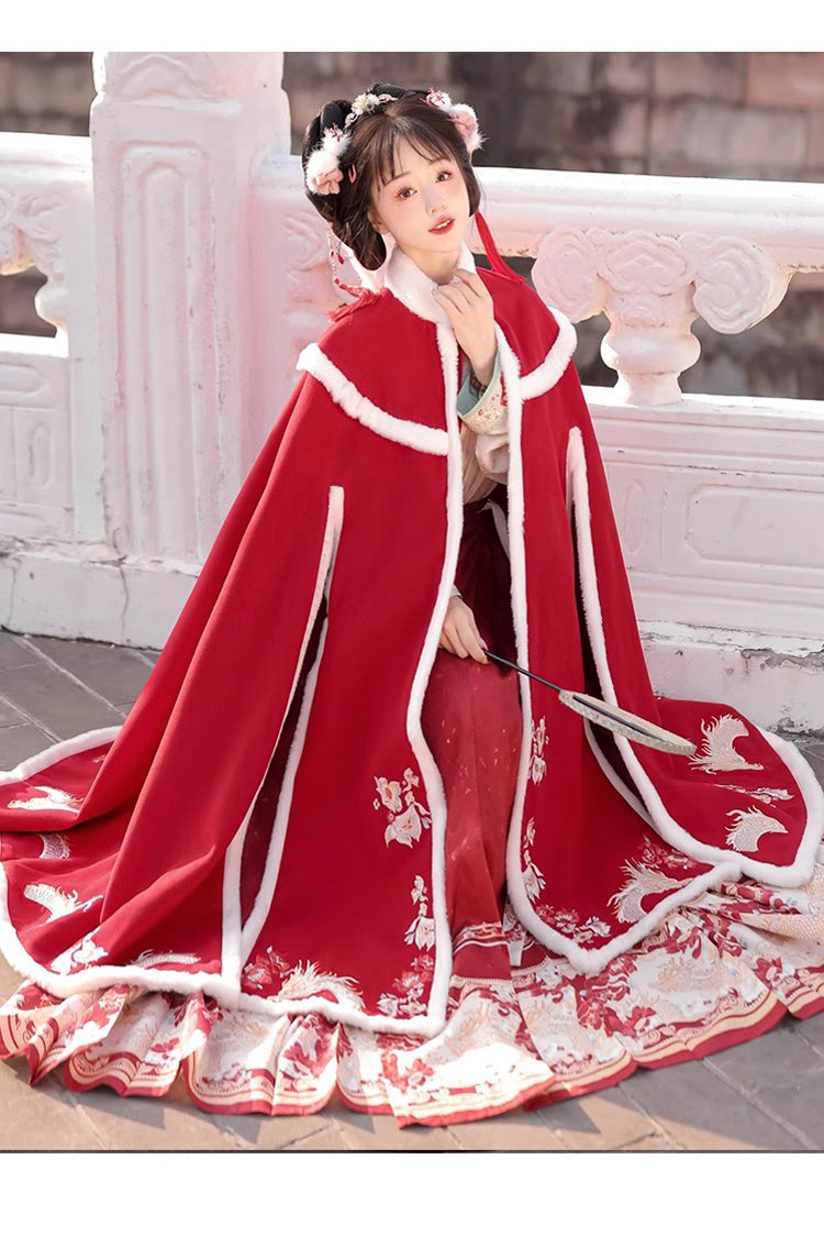 Red Classic Chinese Style V Collar Embroidery Long Sleeves Womens Hanfu Three Piece