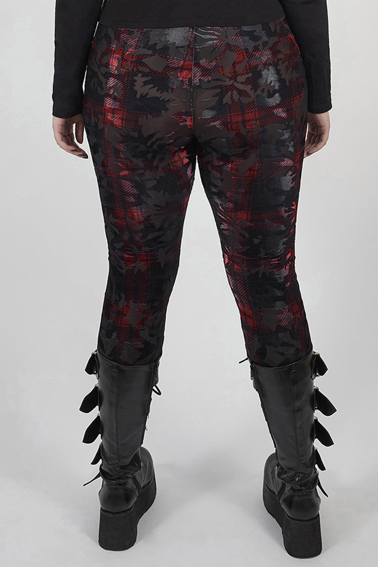 Red Plaid Plus Size Front Splice Imitation Leather Lace-Up Classic Printing Women's Punk Legging