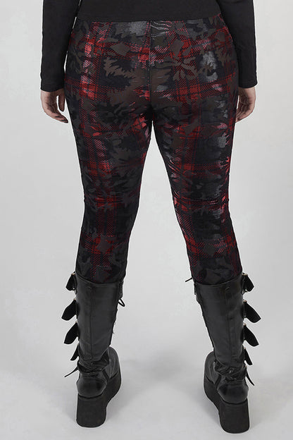 Red Plaid Plus Size Front Splice Imitation Leather Lace-Up Classic Printing Women's Punk Legging