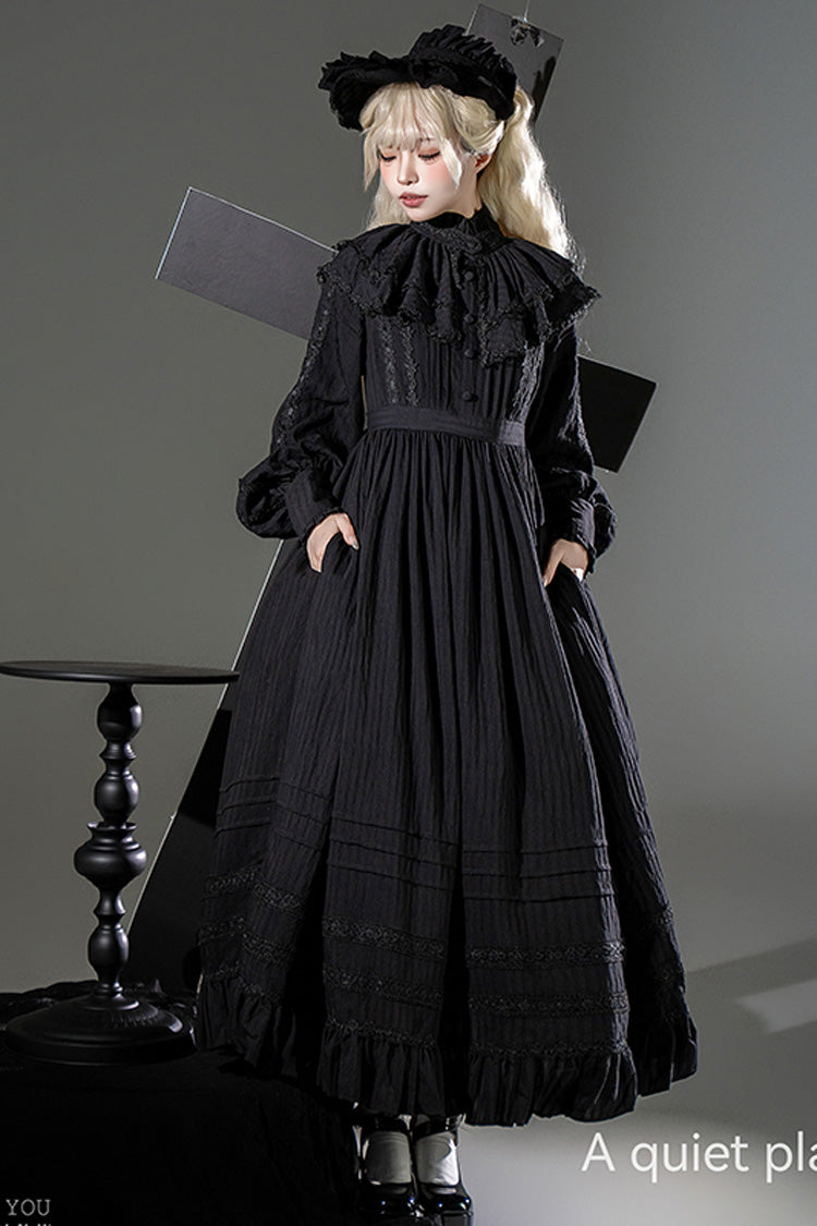 Black [Quiet Place] Long Sleeves Jacquard Ruffle Embroidery Bowknot Gothic Lolita Dress