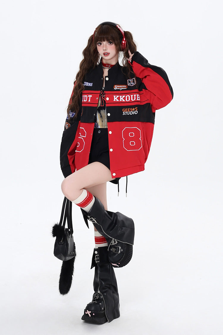 [Biker Girl] Long Sleeves Print Embroidery Zipper Detachable Jirai Kei Coat 3 Colors