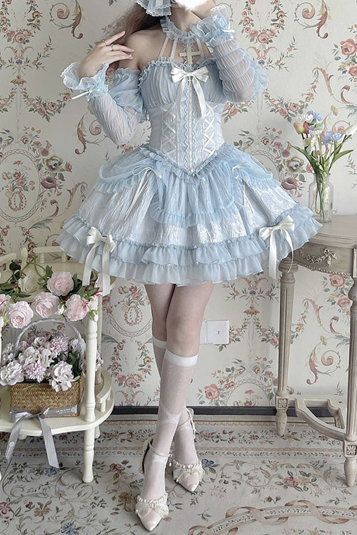 Blue Tube Top Sleeveless Blowknot Ruffled Sweet Lolita Tiered Dress