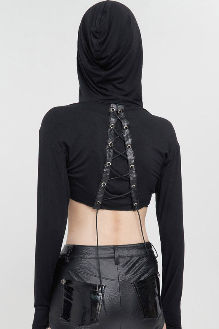 Black Punk Long Sleeve Knitted Chest Mesh Perspective Back Drawstring Adjustment Hoodie Women's Shirt