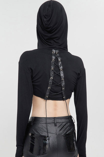 Black Punk Long Sleeve Knitted Chest Mesh Perspective Back Drawstring Adjustment Hoodie Women's Shirt
