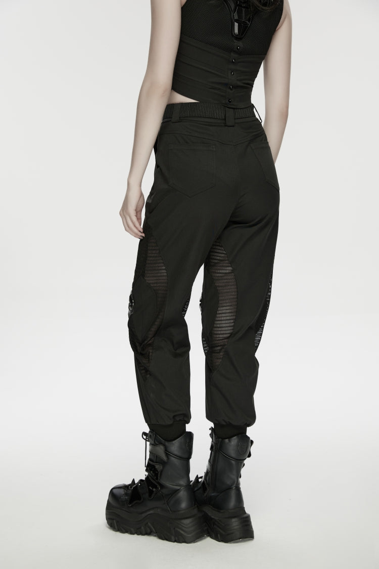 Black Women's Punk Handsome Buckle-up Studded Mesh Cargo Pants