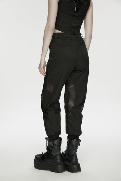 Black Women's Punk Handsome Buckle-up Studded Mesh Cargo Pants
