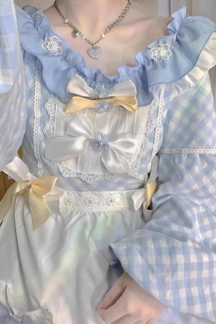 Blue Plaid Print Long Sleeves Bowknot Lace Sweet Lolita Dress