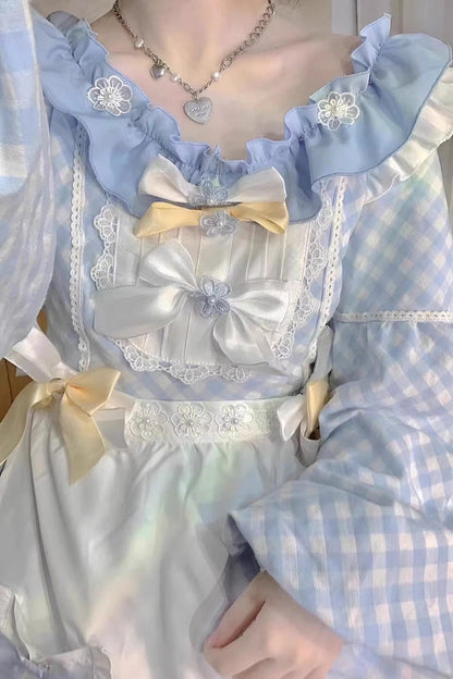 Blue Plaid Print Long Sleeves Bowknot Lace Sweet Lolita Dress